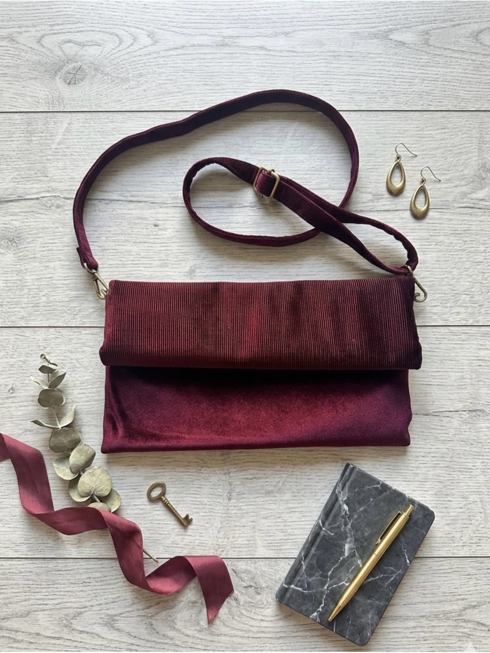 Anthropologie Velvet Fold-Over Crossbody Bag in Burgundy